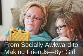 Grandmother and granddaughter working together on a tablet. Text: From socially awkward to making friends&mdash;8 year old girl