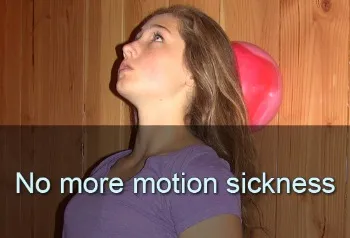 Woman lying on red mat. Text: No more motion sickness