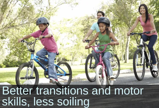 Young boy on a bike ride with his family. Text: Better transitions and motor skills, less soiling